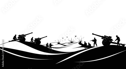 Silhouette of Artillery Soldiers in Battle, Explosions in Background