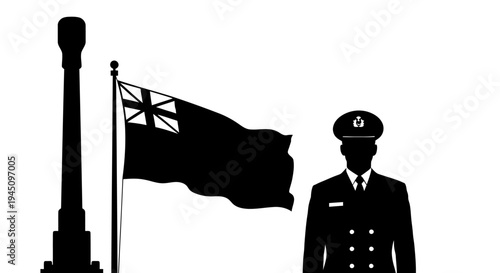 Silhouette of Naval Officer and Flagpole with Ensign Flag