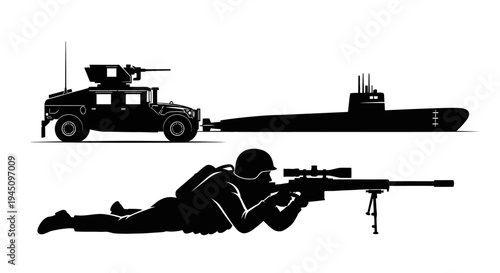Silhouette of Military Sniper, Humvee, and Submarine on White Background