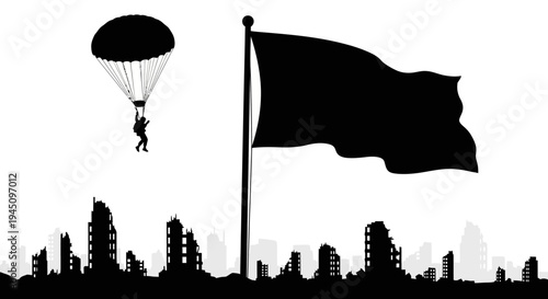 Silhouette of Paratrooper Landing Over Destroyed Cityscape with Waving Flag