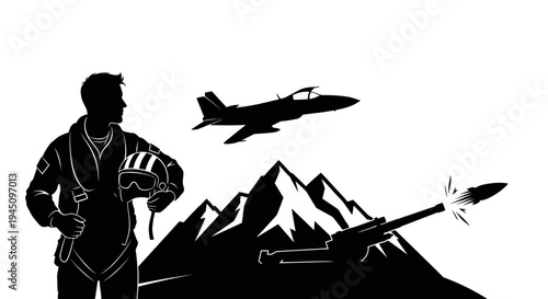 Silhouette of Pilot and Fighter Jet Launching Missile Over Mountains