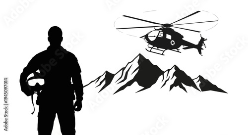 Silhouette of Pilot with Helicopter and Mountains