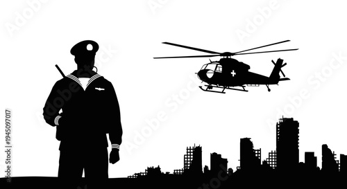 Silhouette of Soldier and Helicopter over Destroyed Cityscape