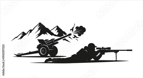 Silhouette of Sniper and Artillery Gun Firing in Mountains
