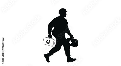 Silhouette of Soldier Carrying First Aid Kits, Running with Medical Supplies