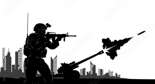 Silhouette of Soldier Firing Artillery Gun in Urban Warfare Scene