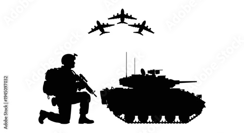 Silhouette of soldier kneeling by tank with fighter jets flying above
