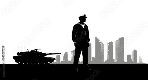 Silhouette of Soldier Standing Guard in Front of Cityscape and Tank