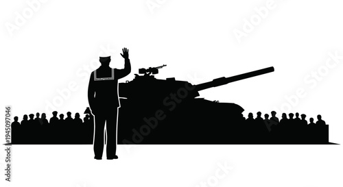 Silhouette of Soldier Waving to Crowd with Tank