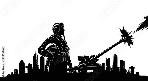 Silhouette of Soldier with Artillery Gun and City Skyline, War Concept