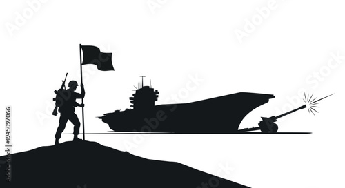 Silhouette of soldier with flag and cannon firing, aircraft carrier in background