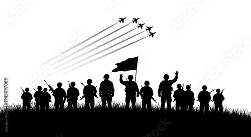 Silhouette of Soldiers and Fighter Jets in Formation with Flag