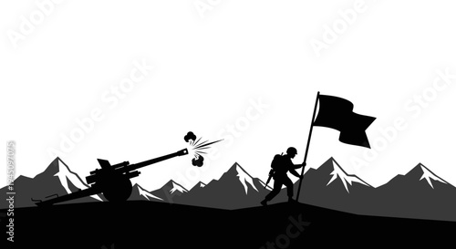 Silhouette of Soldier with Flag and Firing Cannon on Mountainous Battlefield