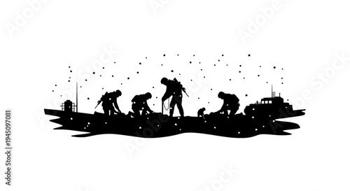 Silhouette of soldiers digging in the snow with a vehicle and a dog
