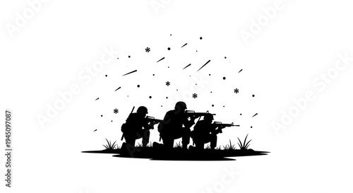 Silhouette of soldiers in combat, firing weapons amidst falling debris, representing war and conflict.