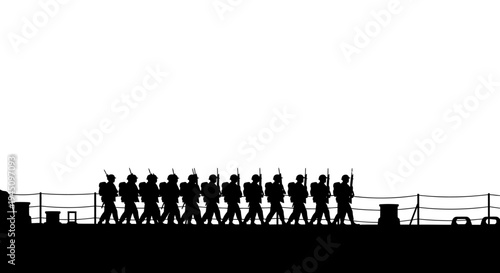 Silhouette of soldiers marching in formation against a white background