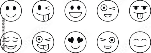 Ten different smiley face emoticons with various expressions on white background emoji emotion