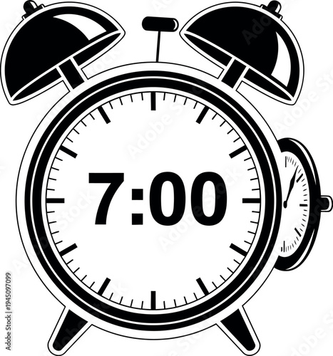 Black and white illustration of an alarm clock striking 7 00 am