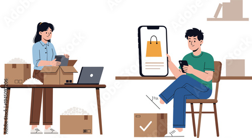 Online shopping and package delivery concept people packing parcels and using smartphone ecommerce app order confirmation flat vector illustration for digital retail business