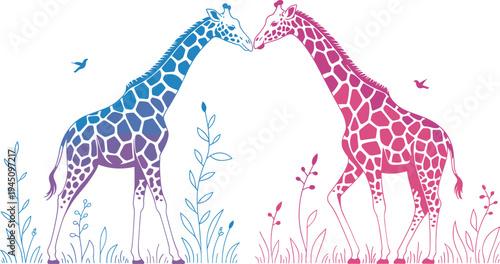 Two Giraffes with Gradient Colors Touching Noses Surrounded by Plants animal wildlife