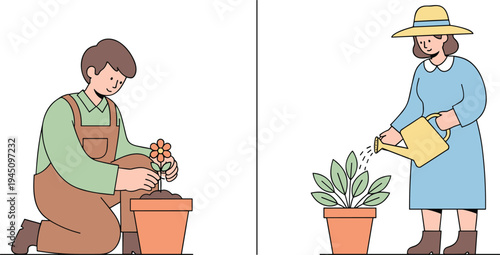 People gardening and watering plants in flower pots home gardening activity plant care hobby nature lifestyle flat vector illustration for gardening and urban planting concept