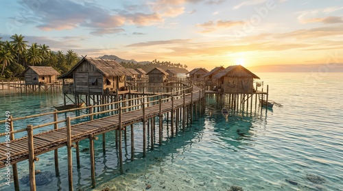 Tropical Bajau stilt houses stand over clear turquoise ocean water at sunset, forming a picturesque village connected by wooden walkways on a serene island paradise