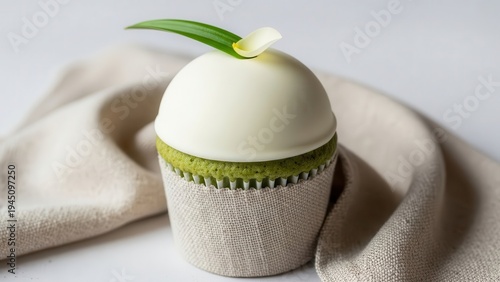 Elegant white and green cupcake on a beige cloth with a leaf on top, placed on a plain surface