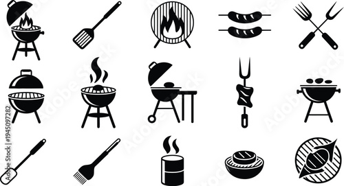 Assorted barbecue and outdoor cooking tools and equipment icons