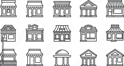 A collection of diverse architectural styles represented in simple line drawings