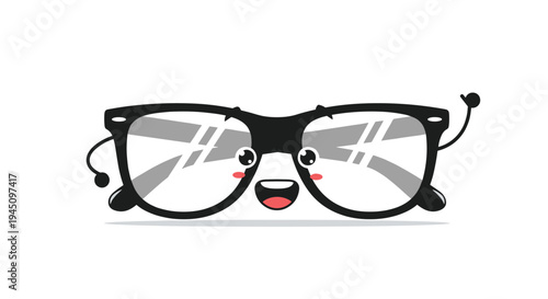 Happy cartoon glasses character with a smiling face and waving arms isolated on a white background representing clear vision and eye health.