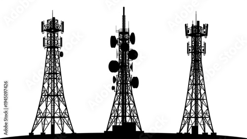 Silhouette of telecommunication towers and radio antennas isolated on white background
