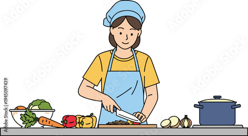 Woman preparing healthy meal chopping fresh vegetables in kitchen cooking concept flat vector illustration for home cooking lifestyle and healthy food preparation