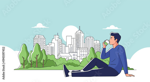 Young man relaxing on green grass in a city park while drinking coffee with a modern urban skyline and bright sun in the background.