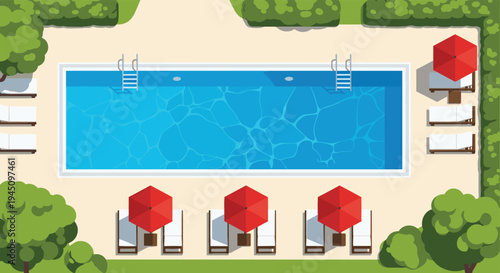 Top view of a luxurious outdoor swimming pool area with blue water, red umbrellas, and lounge chairs surrounded by green bushes and trees.