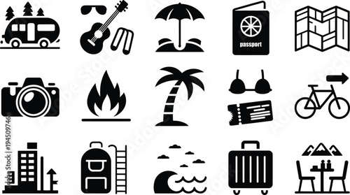 Collection of icons representing various travel, adventure, and safety-related activities