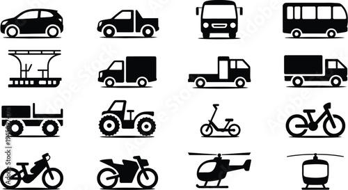 A diverse collection of various types of vehicles and transportation modes in black and white icons
