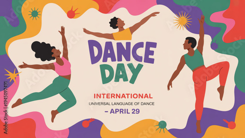 International dance day celebration with three dancers in colorful abstract background