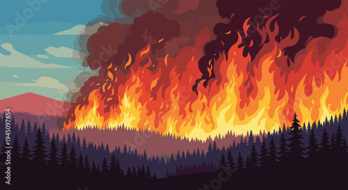 Dramatic illustration of a raging forest fire with intense orange flames and thick dark smoke rising above a silhouette of evergreen trees.