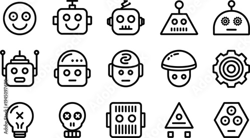 A collection of diverse and stylized robot and alien icons in black and white