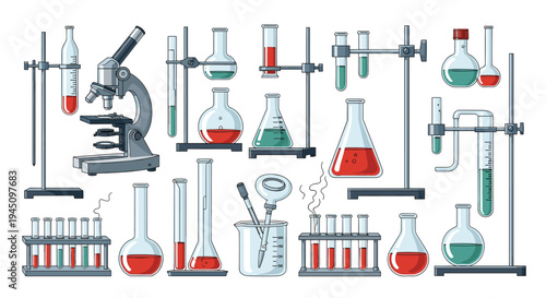 Detailed set of scientific laboratory equipment including a microscope, test tubes, flasks, and beakers for chemistry and biology research experiments.