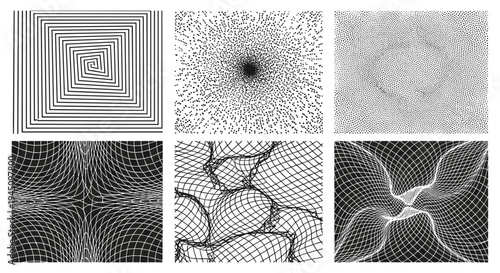Set of six unique abstract geometric patterns featuring spiral lines, dots, and distorted grid networks in a black and white minimalist style.