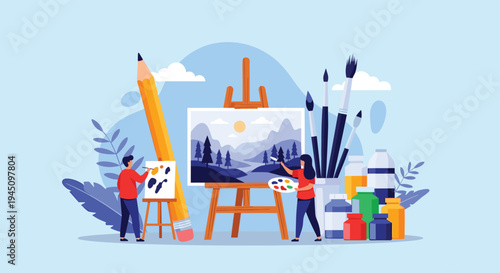 Creative artists working together on a large landscape painting on an easel surrounded by giant art supplies like pencils and paint jars.