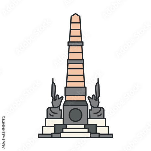 Victory monument obelisk with soldier sculptures. War remembrance landmark. Illustration isolated on white background.