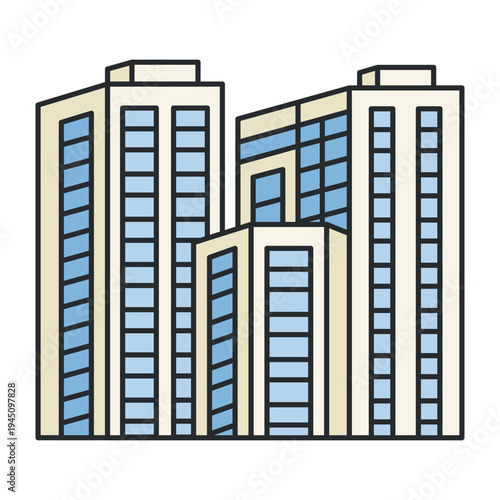 Modern city skyline with contemporary high rise buildings and glass windows. Urban architecture complex. Illustration isolated on white background.