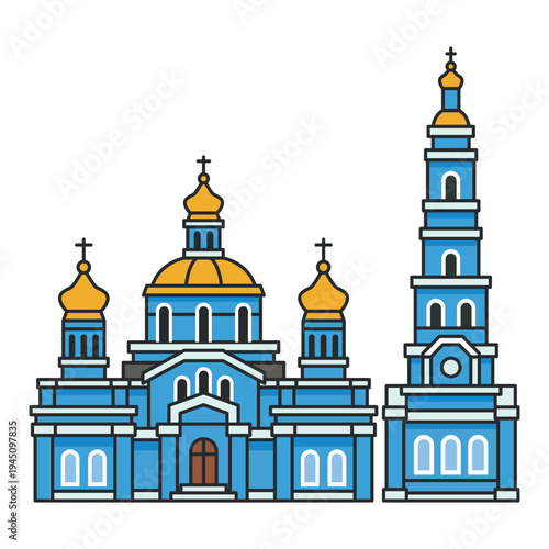 Orthodox church with bell tower and golden domes. Christian religious architecture landmark. Illustration isolated on white background.