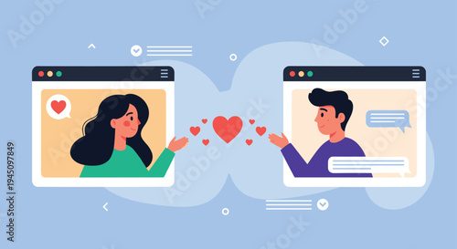 Romantic concept showing a man and a woman connecting via a video call with flying red hearts representing long-distance relationships and love.