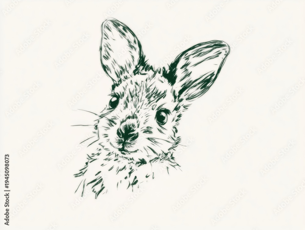 Fototapeta premium A hand-drawn illustration of a rabbit, with delicate line art emphasizing its features and innocence, captured in a minimalist style.