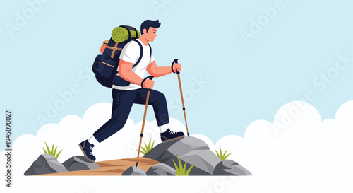 Active man with a large camping backpack and walking sticks hiking up a rocky mountain slope against a blue sky with white clouds.