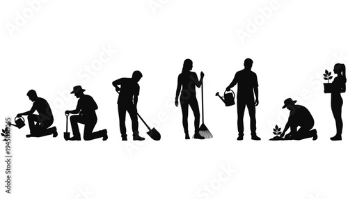 Gardening people silhouettes working in the garden with various tools