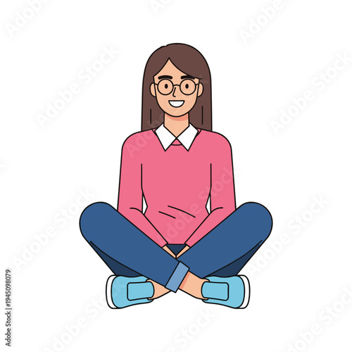A cartoon woman sitting cross-legged with a smile